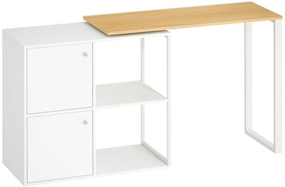 Bureaus - 150x40x75 cm - L-Vorm Hoekbureau - 360° Draaibaar, 2 Kastjes, 2 Open Planken - MDF - Wit
