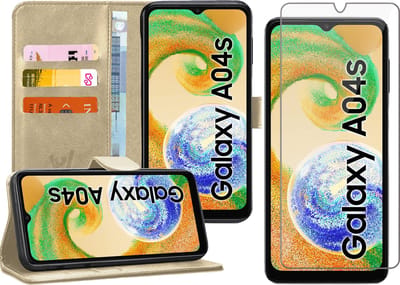 Hoesje geschikt voor Samsung Galaxy A04s / A13 5G - Screen Protector GlassGuard - Book Case Kunstleer Pasjeshouder Goud & Screenprotector