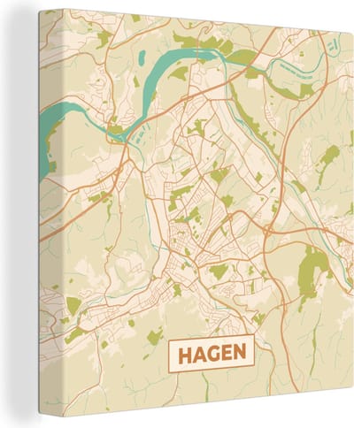Canvas Schilderij Kaart - Hagen - Plattegrond - Vintage - Stadskaart - 20x20 cm - Wanddecoratie