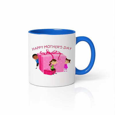 Happy Mother's Day Mok met Kinderen en Cadeau – 330ml Keramische Koffiebeker – Moederdag Cadeau – Blauw/Wit