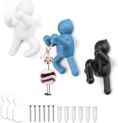 Zakstandaard - Set van 3 - Mensenvormige wandhaken voor kinderen - Decoratieve jassenhangers - Geschikt voor jassen, sjaals, tassen, sleutels - Zwart, wit, blauw