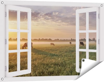 Gards Tuinposter Doorkijk Koeien in de Wei tijdens Zonsopkomst - 90x60 cm - Tuindoek - Tuindecoratie - Wanddecoratie buiten - Tuinschilderij