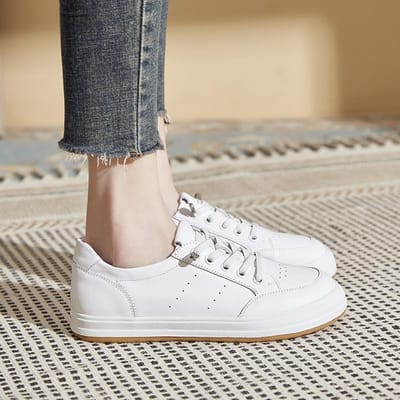 Eerste Laag Echt Koeienleer Kleine Witte Schoenen Dames All-match Lente en Herfst Nieuwe Casual Platte Schoenen Slank Makende Sneakers 40
