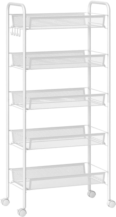 Vijfdelige trolley - Keukentrolley - Badkamertrolley - Trolley - Opbergtrolley - Keukenrek - Met 4 haken - 45x26,5x106cm - Geschikt voor keuken, eetkamer, slaapkamer, woonkamer, wasruimte, garage en badkamer - Wit
