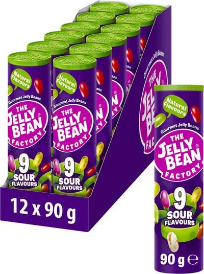 The Jelly Bean Factory 12 Sour Tubes jelly beans zure snoep - Verjaardag traktatie uitdeel cadeautjes voor kinderen - 9 verschillende smaken - Koker à 90 g snoepgoed - Cadeau - Snoepjes