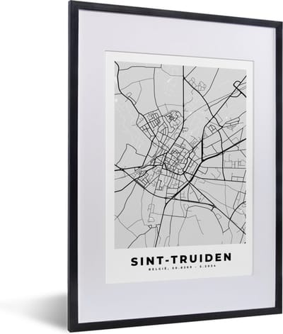 Fotolijst incl. Poster Zwart Wit- Plattegrond – Sint Truiden – Zwart Wit – Stadskaart - Kaart - 30x40 cm - Posterlijst