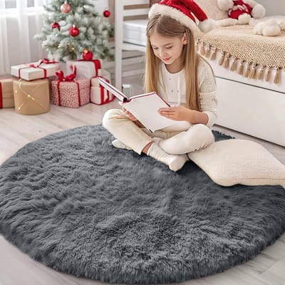 Olanly Pluche Tapijt - Donkergrijs - Hoge Pluis - Geschikt Voor Woonkamer En Slaapkamer - 122x122 cm - Rond