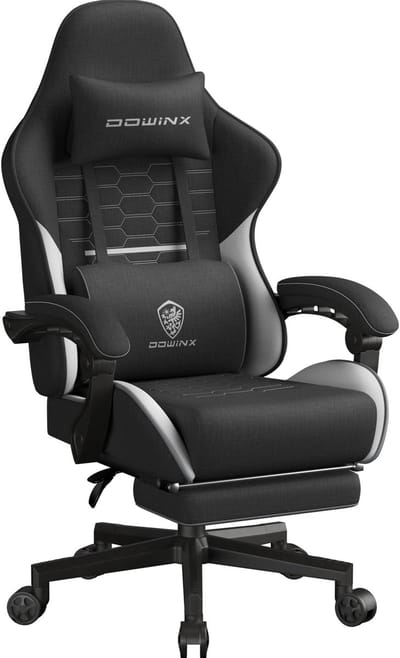 Dowinx Verstelbare Ergonomische Gamestoel met Voetsteun - Bureaustoel met Pocketvering - Gaming Chair van Stof - Hoofdsteun - 150 kg - Linnen zwart-wit