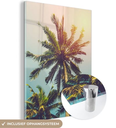 MuchoWow® Glasschilderij 30x40 cm - Schilderij acrylglas - Palmboom - Zomer - Tropisch - Zon - Foto op glas - Schilderijen