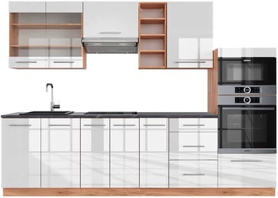 Vicco Fame-Line Complete keukeneenheid – 280 cm, WB Antraciet Wit hoogglans/goud power eiken