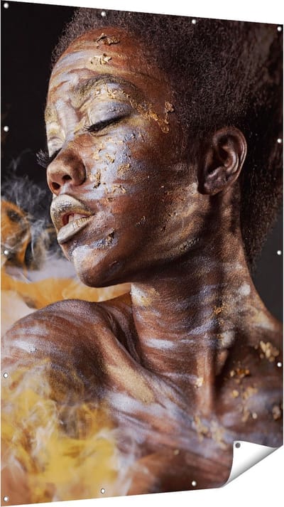 Gards Tuinposter Afrikaanse Vrouw met Zilver en Goud - 120x180 cm - Tuindoek - Tuindecoratie - Wanddecoratie buiten - Tuinschilderij