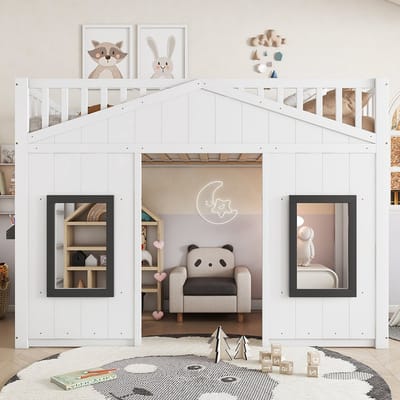 Pugsdrly Stapelbed, huisbed, met trap, met valbeveiliging en veiligheidsbeugel, kinderbed met raam, vrijstaand onderbed, grenen frame, grenen + MDF, wit
