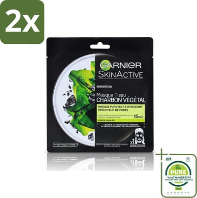 Garnier - SkinActive - Tissue Masker - Charcoal - 1 Gezichtsmasker - Voordeelverpakking - 2 stuks - Huid masker - Houtskool masker