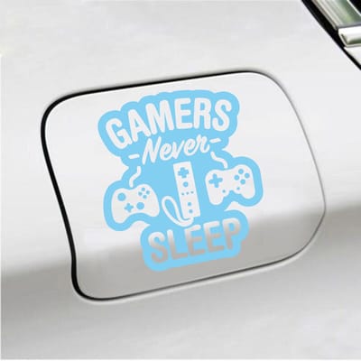 Bumpersticker - Gamers Never Sleep - 12,4 X 11,4 - Licht Blauw