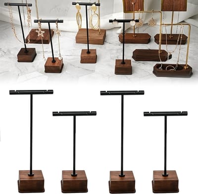 MAGICSHE 4 Stuks T-Vormige Sieradenstandaard, Sieradenhouder, Juwelenhouder - Metalen Frame Met Houten Basis Voor Kettingen, Armbanden, Oorbellen En Ringen Zwart