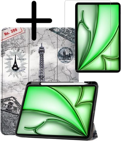 Hoesje Geschikt voor Apple iPad Air M3/M4 (2025/2026) - 11 inch - Met Screenprotector - Trifold Bookcase - Hard Cover Case - Met Uitsparing Geschikt voor Apple Pencil - Hardcover Book - Tablet Hoes - Eiffeltoren