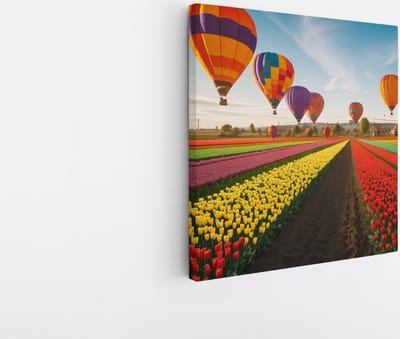 Saammp Canvas Schilderij - Landschap - Luchtballonnen boven een tulpenveld - Natuur - 20x20 - Foto op canvas - Wanddecoratie - Muurdecoratie Woonkamer - Slaapkamer decoratie - Canvas Print