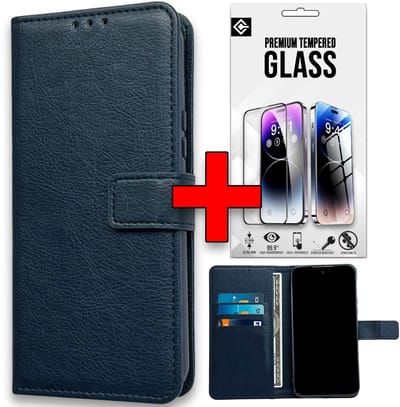 Casemania Hoesje & Glas Geschikt voor Apple iPhone 16e - Blauw - Portemonnee Book Case - Glazen Screenprotector