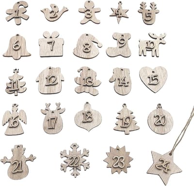 SnelShoppen - Houten Adventskalender 24 Stuks - Kerstdecoratie - Natuurlijke Kleur - Duurzaam en Herbruikbaar - Met Jute Koorden - Perfect voor Kerstm
