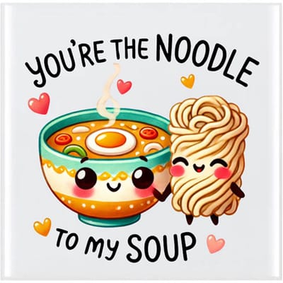 Tegeltje met tekst en schattig Kawaii food - You are the Noodle to my soup - 10x10cm - inclusief houten standaard