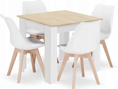 Eettafelset NP 80x80 Eiken Sonoma Kleur met Witte Poten + 4 Stoelen MARK Wit met Beukenhouten Poten, Modern Design, Geschikt voor Keuken, Eetkamer en Woonkamer