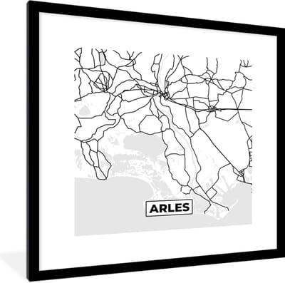Fotolijst incl. Poster Zwart Wit- Stadskaart – Frankrijk – Arles - Kaart – Plattegrond - Zwart wit - 40x40 cm - Posterlijst
