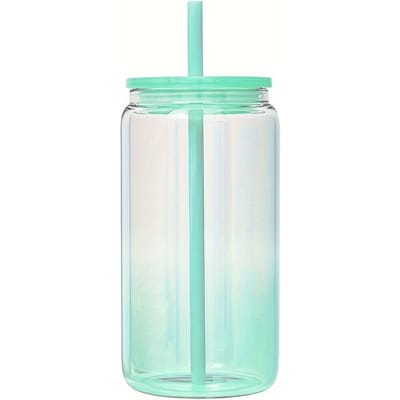 1 pièce 16 oz (480 ml) Gobelet Mason en verre à dégradé de couleurs avec couvercle et paille, réutilisable pour café glacé, smoothies ou boba 401-500ml blue