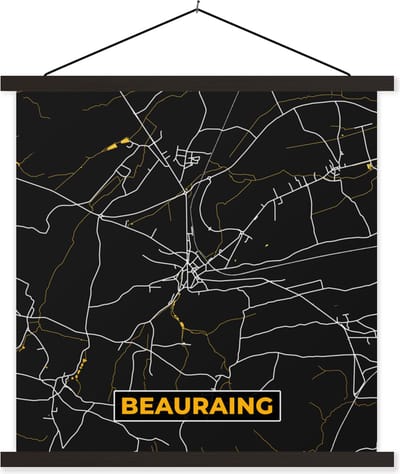 Posterhanger incl. Poster 60x60 cm - Schoolplaat - Goud - Stadskaart - Beauraing - Kaart - Plattegrond - Textielposter - Zwarte latten - Stadskaart