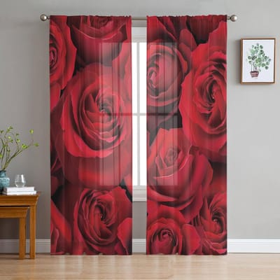 Valentijnsdag Rode Roos Bloem Tule Gordijnen Voor Woonkamer Slaapkamer Huisdecoratie Chiffon Transparant Voile Keukengordijn 135W x 114H(cm) black