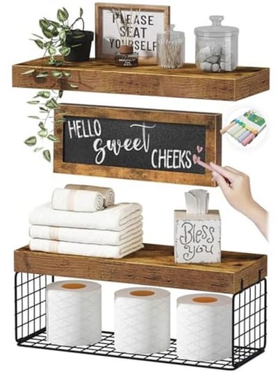 QEEIG Badkamer Planken Over Toilet - Papieropslag Wandmontage Boerderij Decor Decoraties Schoolbord Kleine Zwevende Plank 2+1 Set 16 inch, Rustiek Bruin (021BN)
