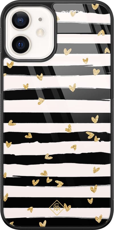 Casimoda® hoesje - Geschikt voor iPhone 12 - Hart Streepjes - Luxe Hard Case Zwart - Backcover telefoonhoesje - Zwart
