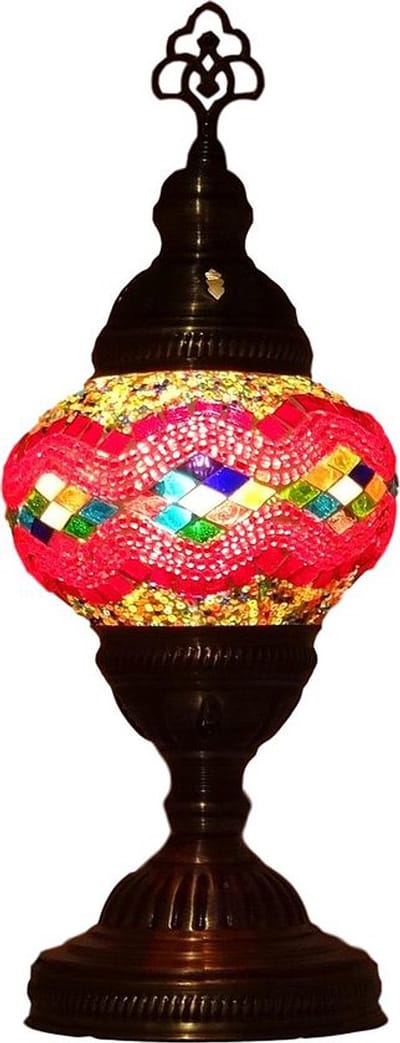 Turkse lamp - tafellamp met mozaïek bol 13 cm - 1 stuk - rood en multicolour handgemaakt glas