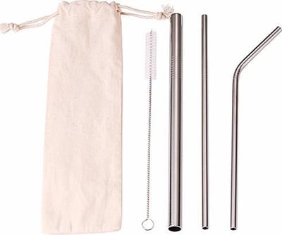 Duurzame RVS Rietjes - Herbruikbare RVS rietjes - Set van 4 (3 rietjes + 1 borsteltje + linnen bewaarzakje) - Smoothie rietje recht - gebogen rietje - recht rietje - Roestvrijstalen / metalen rietjes