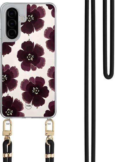 Telefoonhoesje met koord geschikt voor Samsung A36 - Burgundy flowers - Inclusief Zwart koord - Transparant, Paars - Bloemen - Crossbody beschermhoes - Met Telefoonketting