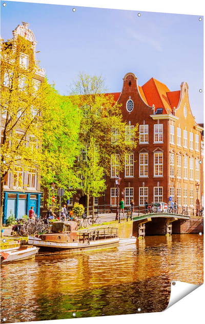Gards Tuinposter Amsterdamse Gracht tijdens Zonsondergang - 120x160 cm - Tuindoek - Tuindecoratie - Wanddecoratie buiten - Tuinschilderij