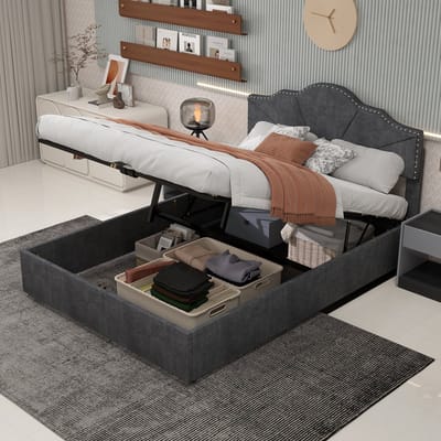 MODFU Bedframe 160x200 cm – Geometrisch hoofdbord met nagelbeslag – Hollandse wolstof – Grijs
