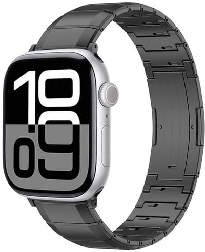 Titanium bandje - geschikt voor Apple Watch 1/2/3/4/5/6/7/8/9/10/11/ SE (1,2,3) met maat 38 mm / 40 mm / 41 mm en 42 mm (Watch 10/11) - stalen schakelband met vlindersluiting - zwart