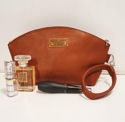 Toetie & Zo Handgemaakte Toilettas Leer Cognac - Bruin - Clutch - Make-uptas - Met Handvat - Leder