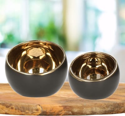 Theelichthouder/kaarsenhouder - set van 2x - zwart/goud - keramiek - luxe lifestyle