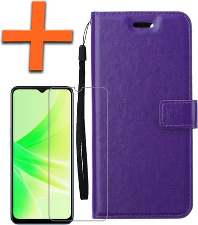 Hoes - Met Screenprotector - Geschikt voor OPPO A57 - Luxe Pasjeshouder - Bookcase Portemonee - Flip Case - Kunstleer Book Case - Flipcase - Book Cover - Walletcase - PortemonneeHoes - Paars