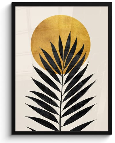 Poster in lijst - Fotolijst 60x80 cm - Posters - Zwart palmblad - Gouden cirkel - Beige achtergrond - Posterlijst zwart - Decoratie - Wanddecoratie woonkamer - Muurdecoratie slaapkamer