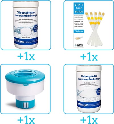 Zwembad Onderhoudspakket - Onderhoud Zwembad - bevat Chloor - Testrips - Chloordrijver en Chloor (4-delig)