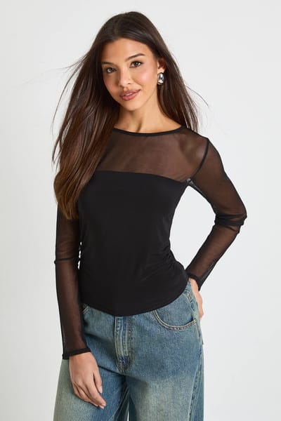 boohoo Dames Meshpaneel vooraan top met lange mouwen | Zwart | Maat: 38