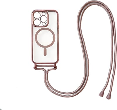 Casemania Hoesje Geschikt voor Apple iPhone 14 Pro - Rosegoud - Siliconen Back Cover met Koord - Geschikt voor MagSafe - Telefoonhoesje met Koord - Crossbody Lanyard Cord Case