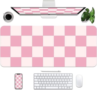 Dailygoods- Muismat Grote Bureau Onderlegger - Leren Onderlegger - Antislip Bureauaccessoire - Waterdicht - Roze Plaid - 90x40 cm - Bureauonderlegger