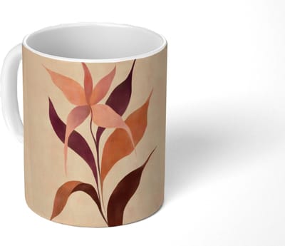 Mok - Koffiemok - Minimalistisch - Bloem - Bladeren - Beige - Mokken - 350 ML - Beker - Koffiemokken - Theemok