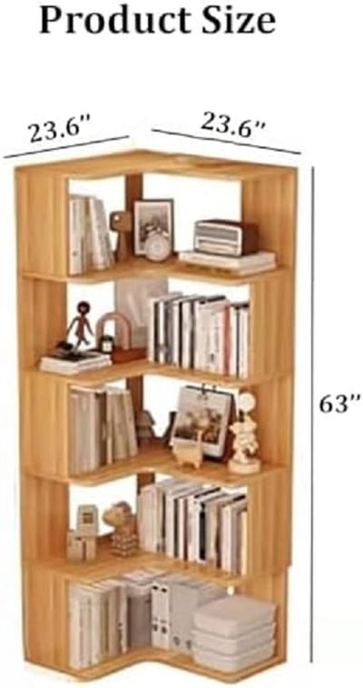 Hoekboekenkast Modern – Casa Velluto Hoge L-vormige Boekenkast met 6 Niveaus | Vrijstaand Massief Houten Opbergrek met Anti-Valpaneel | Voor Woonkamer, Thuiskantoor & Studio | Houtkorrel