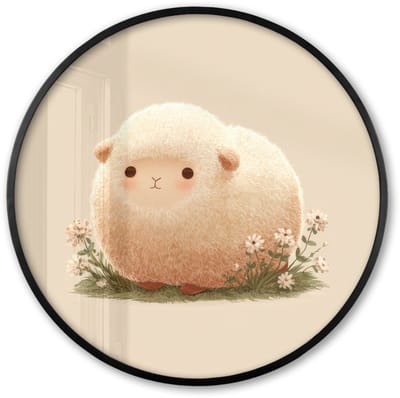 Poster in lijst Rond - Fotolijst 60x60 cm - Posters - Schaap - Beige - Bloemen - Ronde posterlijst zwart - Decoratie - Wanddecoratie woonkamer - Muurdecoratie slaapkamer