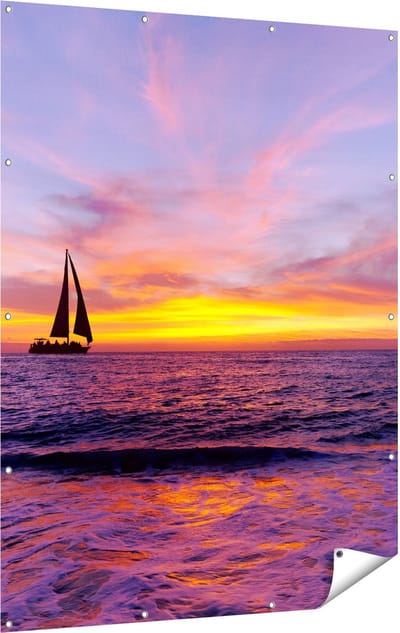 Gards Tuinposter Zeilboot Silhouet bij Zonsondergang - 120x160 cm - Tuindoek - Tuindecoratie - Wanddecoratie buiten - Tuinschilderij
