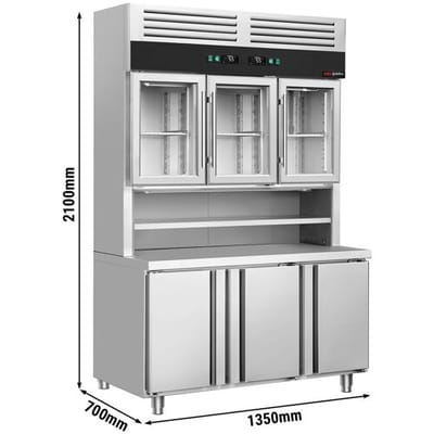 GGM Gastro Kühltisch mit Wandkühlregal - 1350x700mm - 3 Glastüren oben, 3 Türen unten - Arbeitsfläche